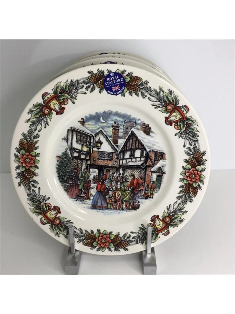 4 Royal Stafford Dinner Plates 11” Christmas Winter Snow NEW